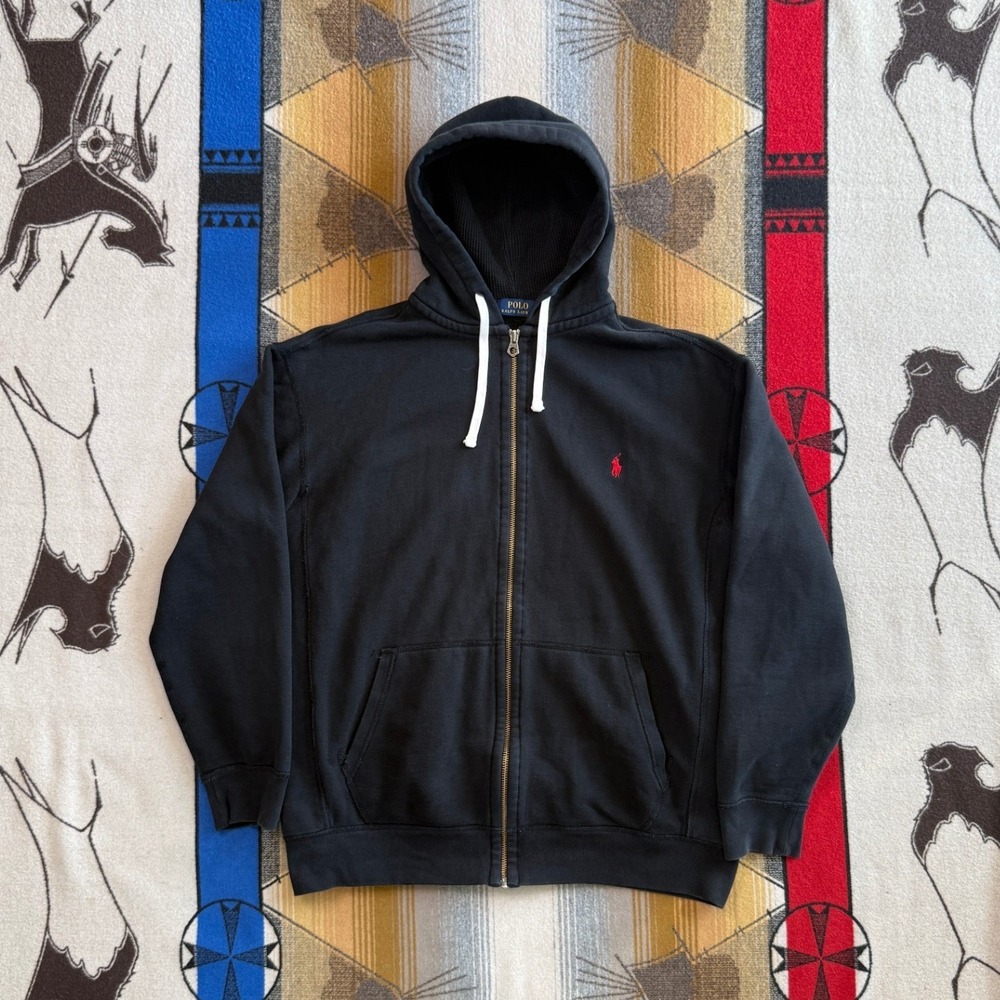 Polo Ralph Lauren Mens Full Zip Hoodie Black Red Pony Waffle Lined XLT Tall
